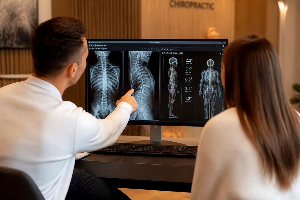 Report of Findings | APEX. Chiro Gregory Hills A chiropractor pointing to spinal X-ray imaging and posture analysis on a monitor while reviewing findings with a patient at APEX. Chiro Gregory Hills.