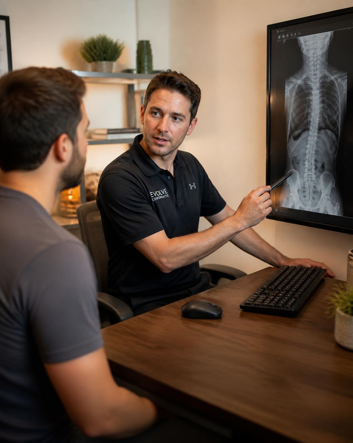 A chiropractor explaining a spinal X-ray to an attentive patient on a large screen in a modern consultation room.